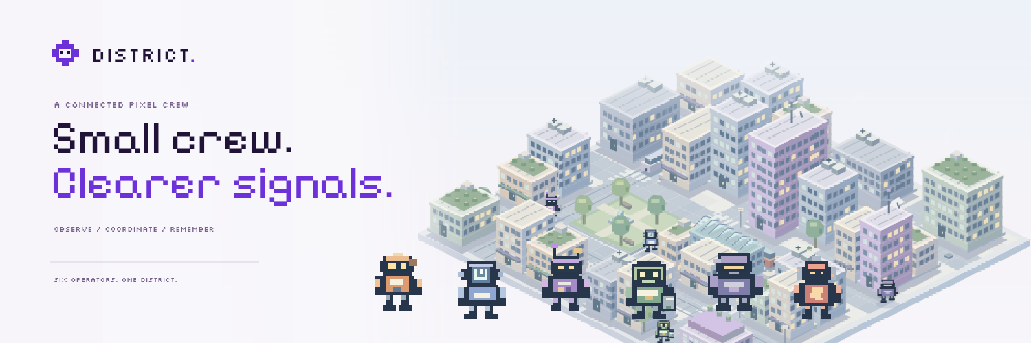 Capa oficial da District com a cidade e os robôs em pixel art